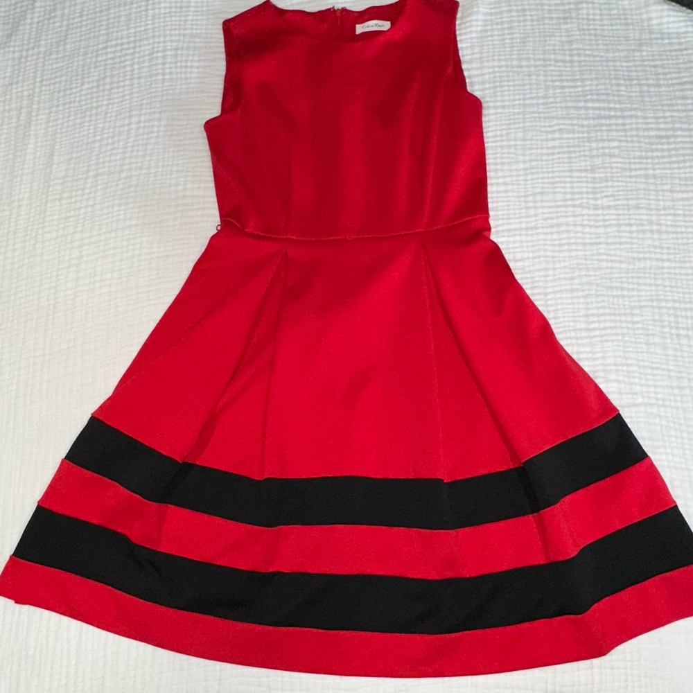Calvin Klein Red  cocktail‎ Dress with Black Stripes